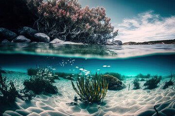 Fototapeta na wymiar Underwater photography of the sandy bottom and marine life. Based on Generative AI