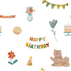 Happy birthday cake cat flower pattern watercolor