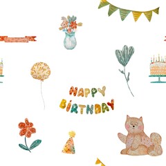 Fototapeta premium Happy birthday cake cat flower pattern watercolor
