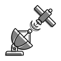 Linear filled with gray color icon. Satellite Fly And Transmit Communication Signal To Radio Antenna. Satellite Communication And Gps Navigation. Simple black and white vector