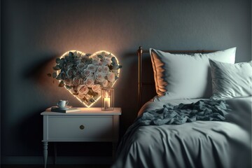A romantic bedroom with a rose petal heart design on the bed and a bouquet of roses on the nightstand generative ai