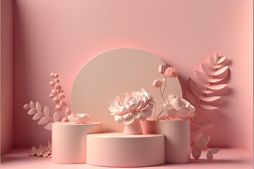 3D Minimal and Luxury podium, pastel pink background with rose flowers. and palm leaf shadow. Minimal pedestal for beauty, cosmetic product. Valentine, realistic, copy space