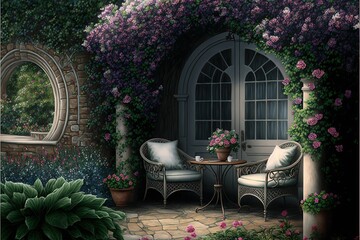 An elegant outdoor seating area surrounded by beautiful blooming flowers generative ai
