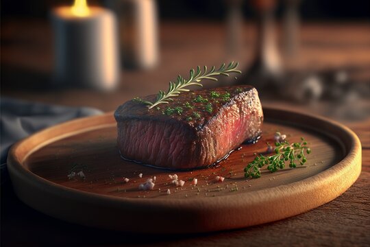 A perfectly cooked steak with a crisp, seared exterior and a juicy, pink interior, with a focus on the meat, with herbs