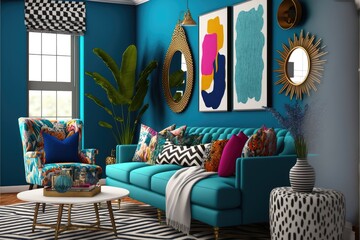 Bright and cheerful living room with a bold blue wall and a mix of patterns and textures generative ai