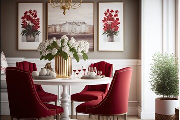 Chic and romantic dining room with red and white accents generative ai