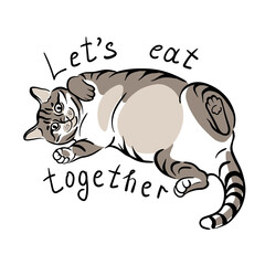 Cheerful fat cat lettering let's eat together. Sticker,funny cat