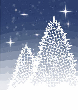 Cartoon xmas card of two patterned christmas trees at night with snowfall and stars.