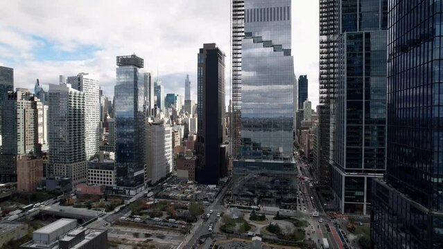 Establishing shot of the Manhattan New York City of skyscrapers  - aerial flyover
