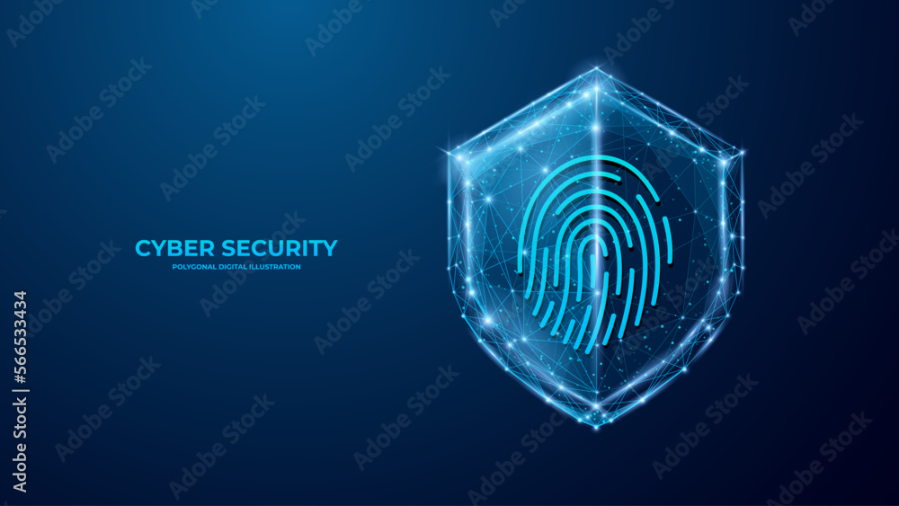 Poster Cyber Security. Shield and Fingerprint. Polygonal digital concept of guard. Isolated technology vector illustration. 