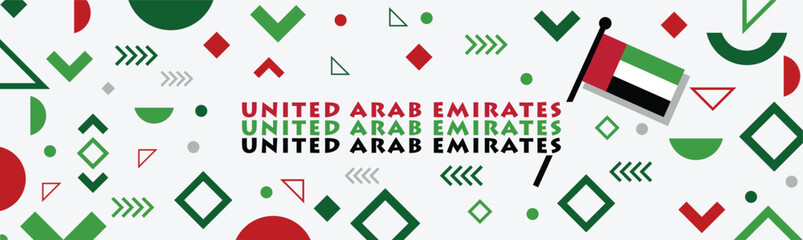 UAE national day banner for independence day. Flag of United Arab Emirates and modern geometric abstract design. Red green black theme. Country name in Arabic calligraphy. Dubai landmarks.
