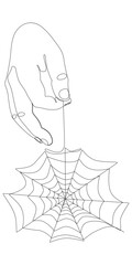 One continuous line of hand holding spider web. Thin Line Illustration vector concept. Contour Drawing Creative ideas.