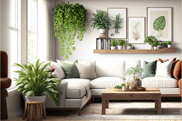 Comfortable and casual living room interior design with a large sectional, natural wood accents, and indoor plants  - obrazy, fototapety, plakaty