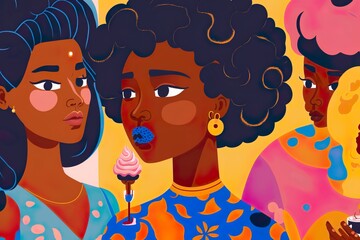Portrait of stylish BIPOC people on colorful surreal background. Illustration in flat style with soft shapes. Generative AI