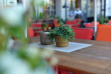 The decor of the restaurant on the street. Laid table