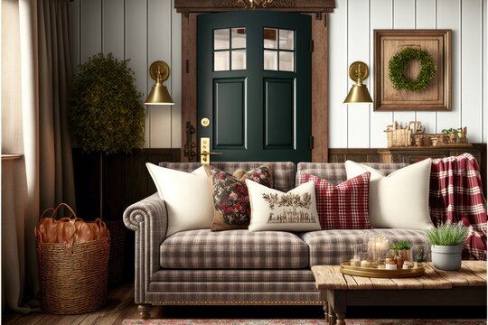 Country living room interior design with a plaid sofa, vintage accents, and a warm and cozy ambiance generative ai