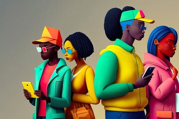 Stylish BIPOC young people with gadgets. Colorful simple 3d illustration created by Generative AI