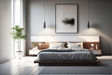 Elegant minimalist bedroom interior with a platform bed and matching nightstands. Clean lines and neutral colors create a calming atmosphere generative ai