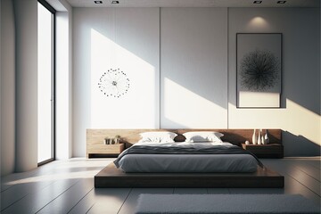 Elegant minimalist bedroom interior with a platform bed and matching nightstands. Clean lines and neutral colors create a calming atmosphere generative ai