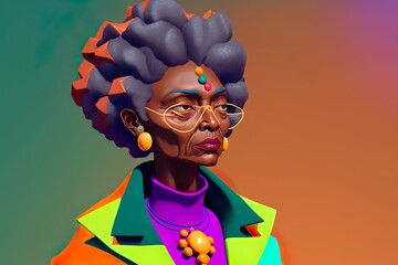 Portrait of stylish senior african woman on background. Colorful simple 3d illustration created by Generative AI