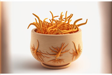 "Elegant image of Cordyceps mushroom in a wooden bowl on a white background. The delicate and intricate structure of the mushroom is showcased in this simple yet stunning composition