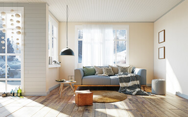 Comfortable sofa in scandinavian modern living room
