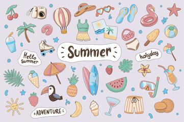 Summer cute stickers set in flat cartoon design. Collection of watermelon, surfboard, beach, ice cream, diving mask, cocktail, toucan and other. Vector illustration for planner or organizer template