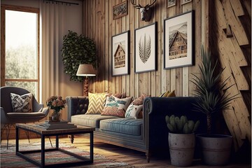 Rustic living room with a wooden accent wall and vintage accents generative ai