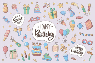 Happy birthday cute stickers set in flat cartoon design. Collection of cake, candles, ice cream, champagne, glass, party garland, gift and other. Vector illustration for planner or organizer template