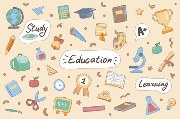 Education cute stickers set in flat cartoon design. Collection of globe, calculator, graduation hat, book, golden cup, microscope and other. Vector illustration for planner or organizer template