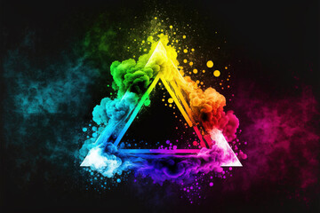 Triangle Happy Holy colorful background. Festival of colors, colorful rainbow holi paint color powder explosion isolated white wide panorama background.
