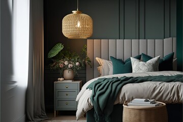 Stylish and cozy bedroom interior with a plush upholstered headboard and textured linens. A rattan pendant light adds a touch of natural warmth generative ai