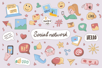 Social network cute stickers set in flat cartoon design. Collection of like, email, message bubble, emoticon, link, share, swipe, blog and other. Vector illustration for planner or organizer template