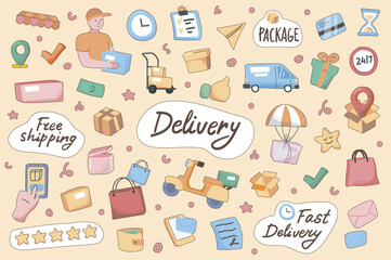 Delivery cute stickers set in flat cartoon design. Collection of courier, truck, motorcycle, package, parcel, bag, order, free shipping and other. Vector illustration for planner or organizer template