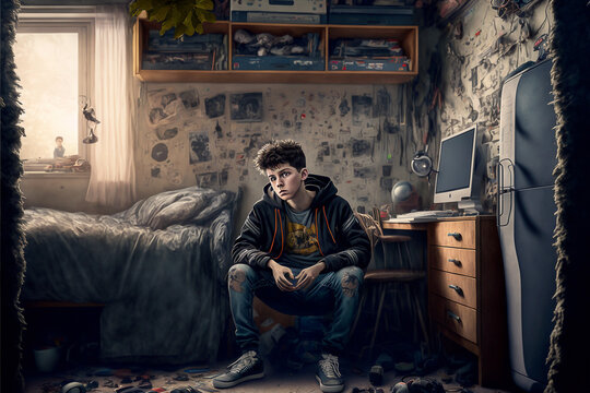 A teenager completely isolated in his little world - AI generative