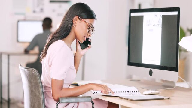 Consultant, paperwork and phone call, woman and computer screen, networking and communication. Telemarketing, sale and negotiation, compare digital information and project folder, talk with client
