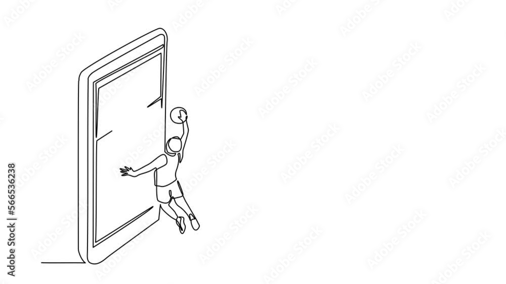 Poster self drawing animation of single line draw basketball players in action during game out of screen. o