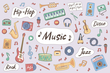 Music cute stickers set in flat cartoon design. Collection of jazz, hip hop, rock, disco, guitar, drums, trumpet, saxophone, piano and other. Vector illustration for planner or organizer template