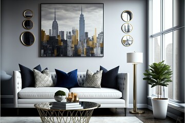 Urban living room interior design with a cityscape view, modern glass table, and metallic accents generative ai