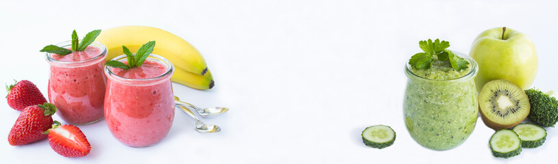 Smoothie or puree with berry, fruit and vegetable  in the small glass jar on the white background. Banner. Copy space.