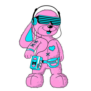 Cartoon Rabbit In Trendy 90s, 2000s Retro Style. Bunny Toy With Glasses, Cassette Player And Banana Bag. Isolated Vector For Party Flyer, Sticker, Poster, T-shirt Print