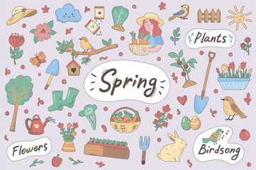 Fototapeta premium Spring cute stickers set in flat cartoon design. Collection of flower, plant, bird, song, bunny, vegetable, rubber boots, watering can and other. Vector illustration for planner or organizer template
