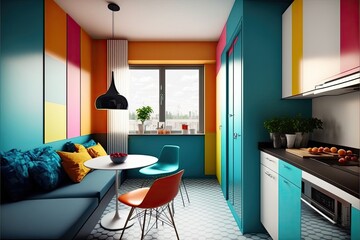 Vibrant 1960s tower block renovation with contrasting shades of color generative ai
