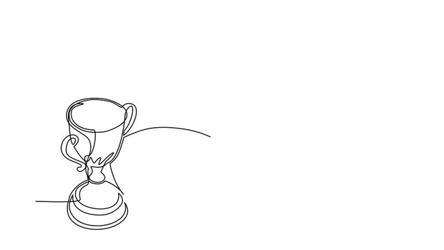 Self drawing animation of single line draw trophy, ball. Champion cup with basketball. Championship trophy. Sport tournament award, winner cup and victory. Continuous line draw. Full length animated