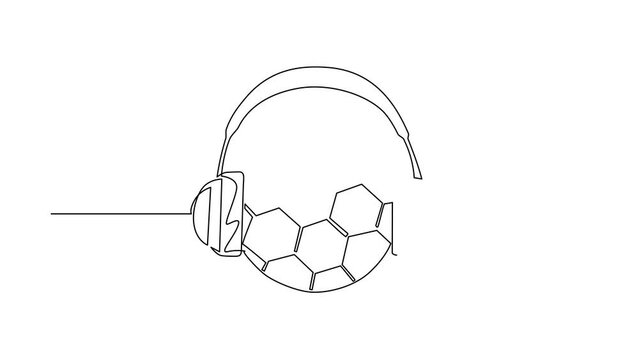 Animated self drawing of continuous line draw soccer ball with headphone. Soccer commentator sport white isolated. Flat cartoon style suitable for web, banner, sticker. Full length one line animation