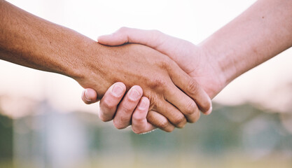 Closeup, handshake and support for sports, agreement and competition with collaboration, goal and target. Zoom, shaking hands or friends with solidarity, community or outdoor for match or partnership