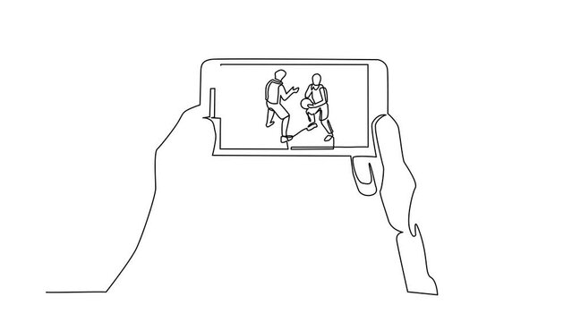 Animated self drawing of continuous line draw basketball league live streaming on mobile phone. Man hands holding smartphone, watch any live basketball match online. Full length single line animation