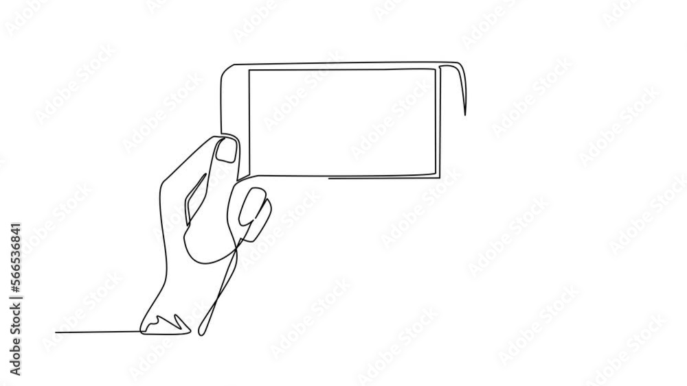 Poster self drawing animation of single line draw hands holding phone, touching screen. mobile streaming. m