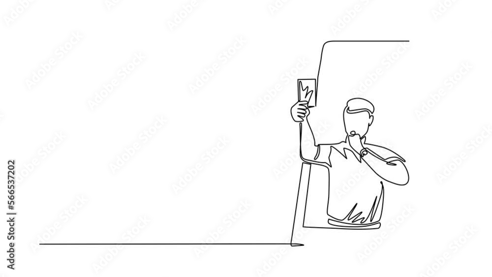 Aufkleber animated self drawing of continuous line draw soccer referee showing yellow card out of screen. smar