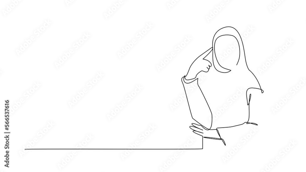 Poster animated self drawing of continuous line draw woman touching her temples and remembering something. 